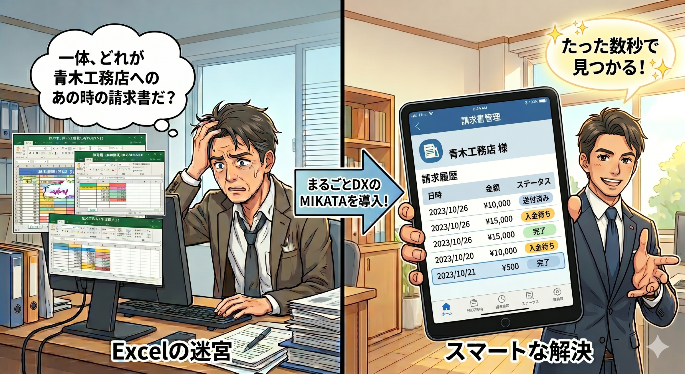 導入前はExcelの迷宮で過去の請求書を探して困っていたのが、MIKATA導入後はタブレットの請求履歴から数秒で見つかる、という対比イラスト