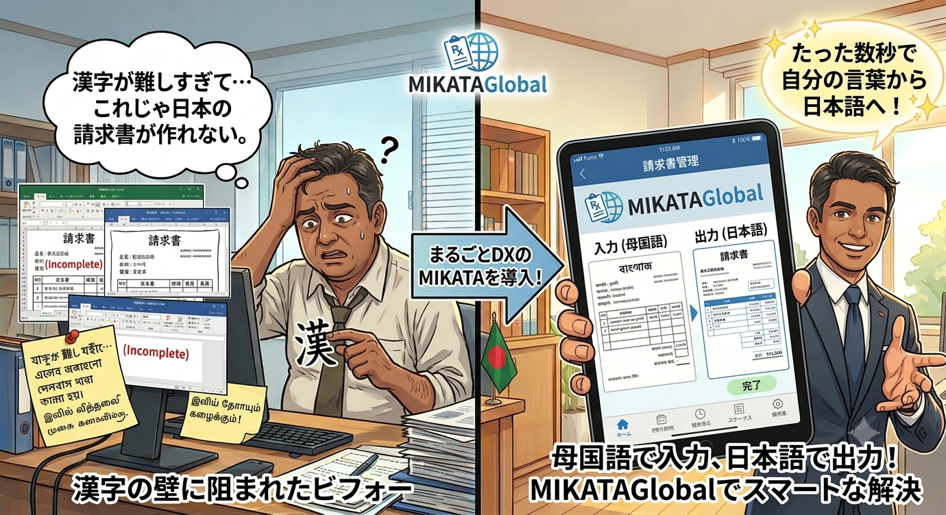 ビフォー=漢字が難しすぎて日本の請求書が作れず困る外国人オーナー／アフター=MIKATA Globalで母国語入力→数秒で日本語の請求書を出力できて笑顔、という対比イラスト