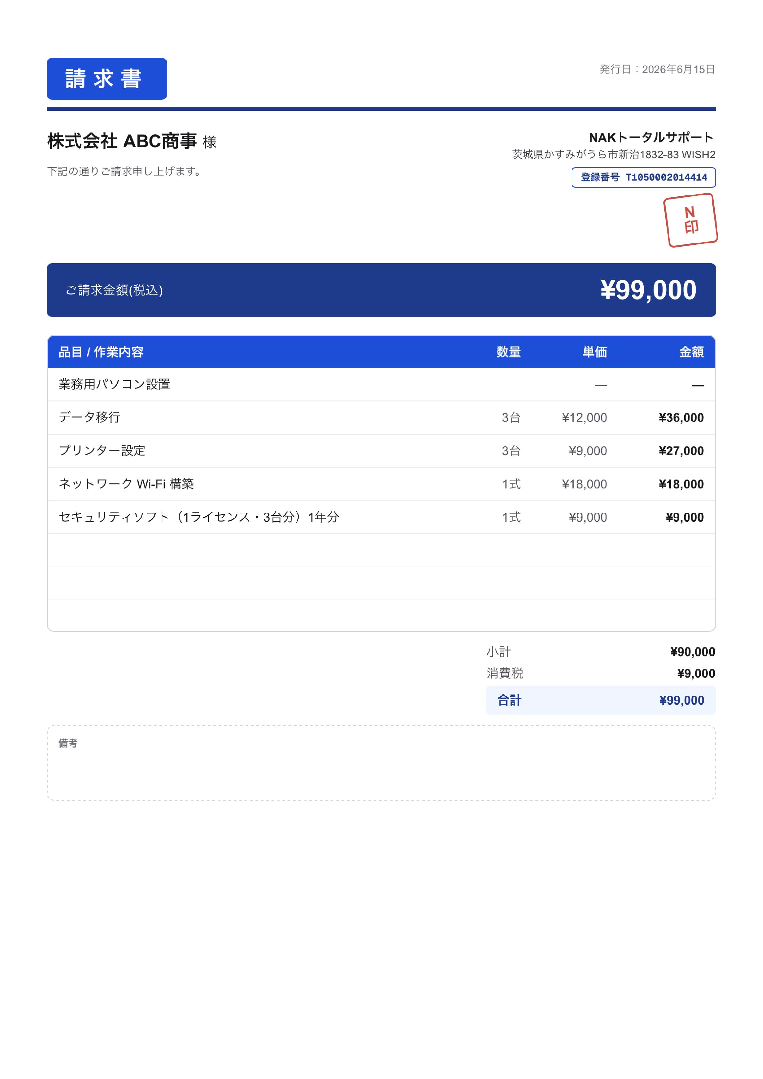 MIKATAが発行した、株式会社ABC商事あての請求書