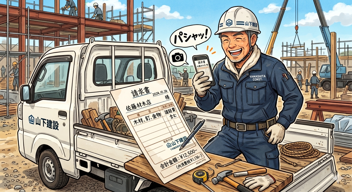 建設現場の親方が軽トラに置いた手書き請求書をスマホでパシャッと撮影している様子