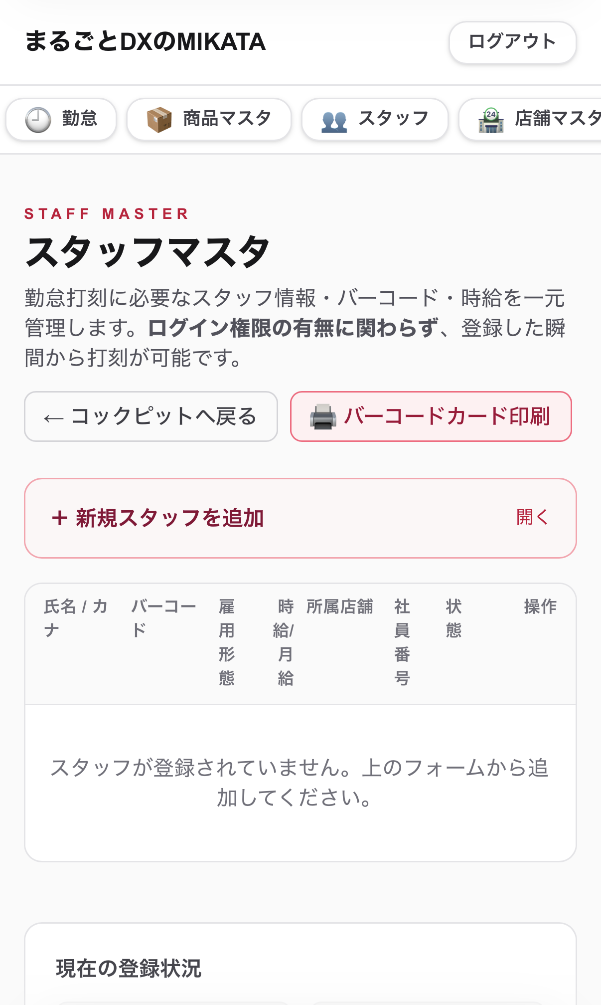 スタッフ管理の実際の画面